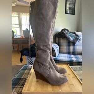 Torrid NWOT Over the knee Boots Size 10.5 Taupe Corset Lace up back